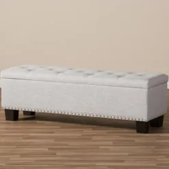 Kirkland's Home Taupe Button-Tufted Upholstered Storage Bench- Entryway Furniture