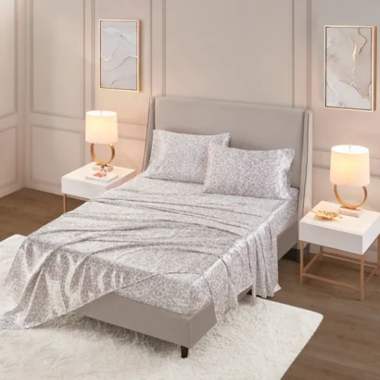 Kirkland's Home Taupe Leopard Print Satin 4-Pc. Full Sheet Set- Bed Sheets