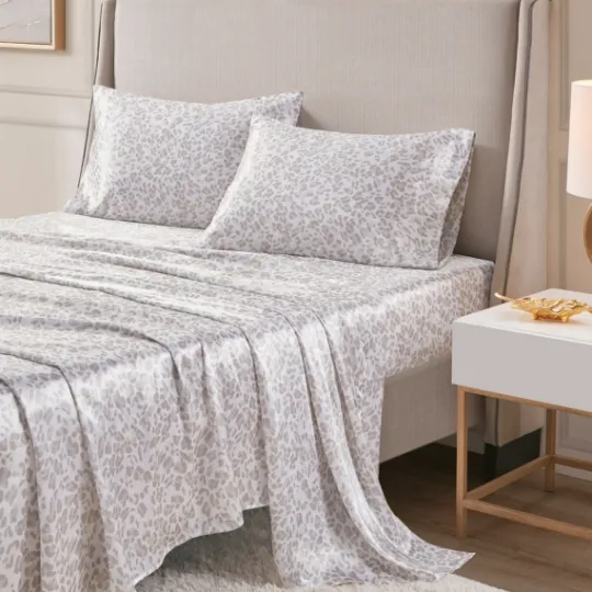 Kirkland's Home Taupe Leopard Print Satin 4-Pc. Queen Sheet Set- Bed Sheets