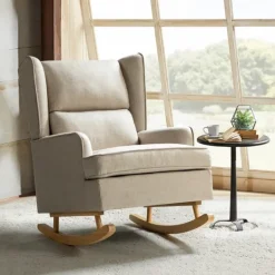 Kirkland's Home Taupe Upholstered Natural Base Wingback Rocker- Accent Chairs