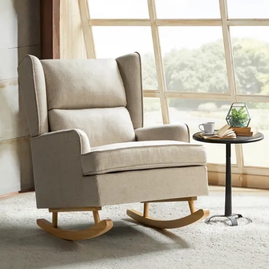 Kirkland's Home Taupe Upholstered Natural Base Wingback Rocker- Accent Chairs