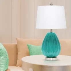 Kirkland's Home Teal Glass Pleated Table Lamp- Table Lamps