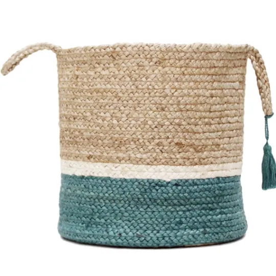 Kirkland's Home Teal Off White Woven Basket With Tassel, 17 In.- Baskets & Boxes