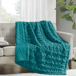 Kirkland's Home Teal Ruched Faux Fur Throw- Blankets & Throws