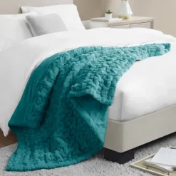 Kirkland's Home Teal Ruched Faux Fur Throw- Blankets & Throws