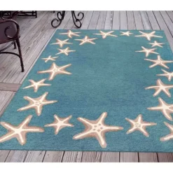 Kirkland's Home Teal Starfish Border Outdoor Area Rug, 5X7- Outdoor Rugs