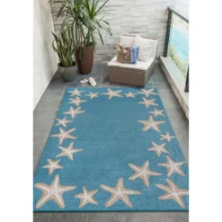 Kirkland's Home Teal Starfish Border Outdoor Area Rug, 5X7- Outdoor Rugs