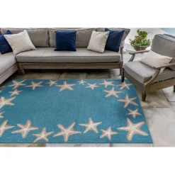 Kirkland's Home Teal Starfish Border Outdoor Area Rug, 5X7- Outdoor Rugs
