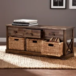 Kirkland's Home Tommy Wood And Woven Baskets Storage Bench- Entryway Furniture