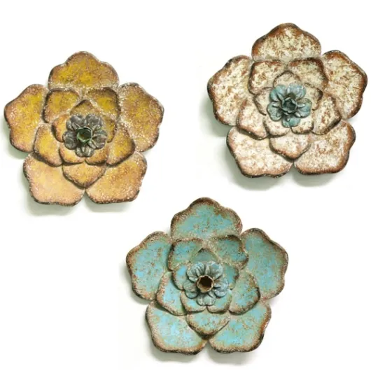 Kirkland's Home Tri-Colored Rustic Flower Wall Plaques, Set Of 3- Wall Plaques