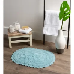 Kirkland's Home Turquoise Small Crochet Oval Bath Mat- Bathroom Rugs