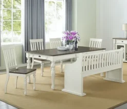 Kirkland's Home Two-Tone Dark Oak And Ivory High Back Wooden Bench- Entryway Furniture