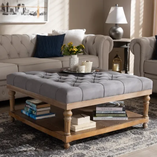 Kirkland's Home Upholstered Linen Tufted Ottoman With Shelf- Benches & Ottomans