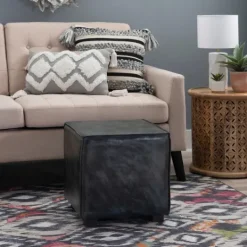 Kirkland's Home Vintage Finish Leather Cube Ottoman- Benches & Ottomans