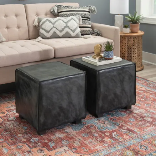 Kirkland's Home Vintage Finish Leather Cube Ottoman- Benches & Ottomans