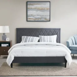 Kirkland's Home Viv Charcoal Diamond Tufted Queen Bed Frame- Beds & Headboards