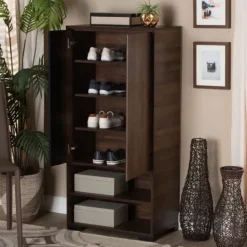 Kirkland's Home Walnut Asymmetrical Shoe Storage Cabinet- Entryway Furniture