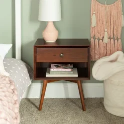 Kirkland's Home Walnut 1-Drawer Mid Century Nightstand- Nightstands