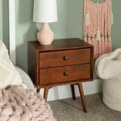 Kirkland's Home Walnut 2-Drawer Mid-Century Modern Nightstand- Nightstands