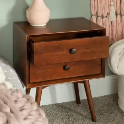 Kirkland's Home Walnut 2-Drawer Mid-Century Modern Nightstand- Nightstands