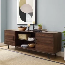 Kirkland's Home Walnut Mid-Century Modern Glass Shelf Tv Stand- Tv Stands & Media Consoles