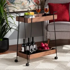 Kirkland's Home Walnut Paulownia 2-Tier Tray Bar Cart- Kitchen Islands & Bar Carts