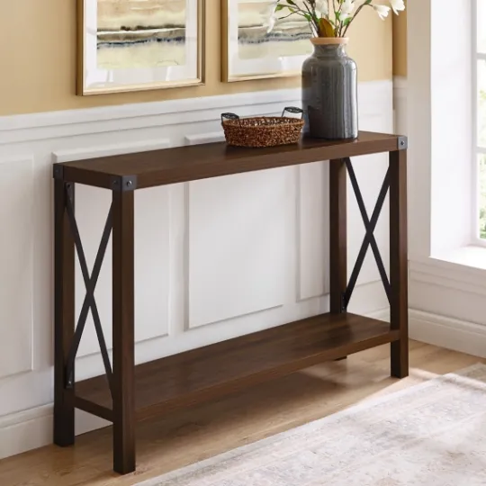 Kirkland's Home Walnut Rustic Farmhouse X-Frame Console Table- Console Tables