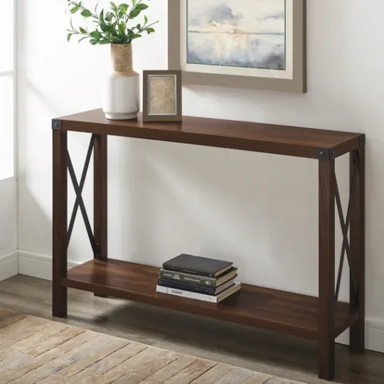 Kirkland's Home Walnut Rustic Farmhouse X-Frame Console Table- Console Tables