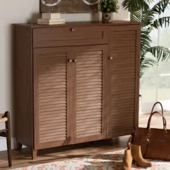 Kirkland's Home Walnut Wood 11-Shelf Paneled Shoe Cabinet- Entryway Furniture