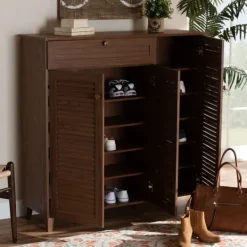 Kirkland's Home Walnut Wood 11-Shelf Paneled Shoe Cabinet- Entryway Furniture