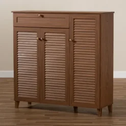 Kirkland's Home Walnut Wood 11-Shelf Paneled Shoe Cabinet- Entryway Furniture