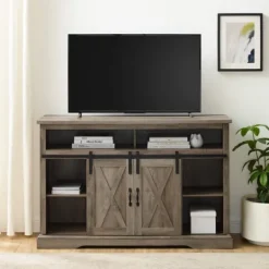 Kirkland's Home Wash Sliding Barn Door Highboy Tv Stand- Tv Stands & Media Consoles
