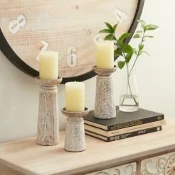 Kirkland's Home Washed Carved Wood Candle Holders, Set Of 3- Candle Holders