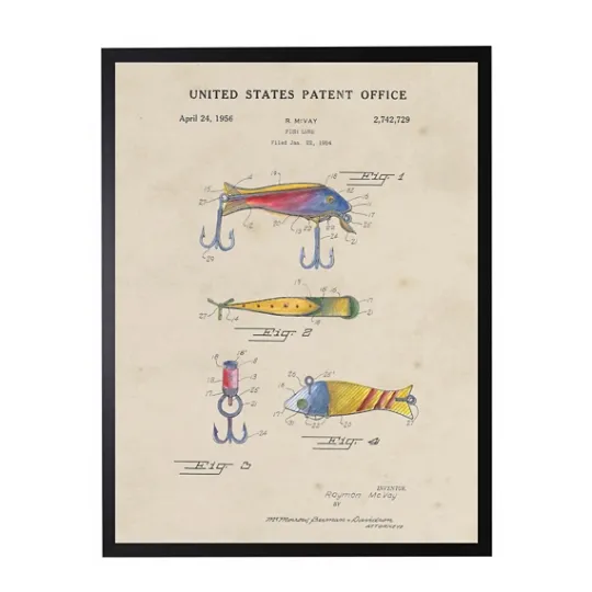 Kirkland's Home Watercolor Fish And Lure Patent Framed Art Print- Framed Art