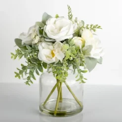 Kirkland's Home Watered White Peony Bouquet In Glass Vase- Arrangements & Greenery