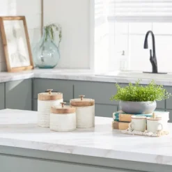 Kirkland's Home Weathered Ivory Jars With Wooden Lids, Set Of 3- Decorative Bowls & Jars