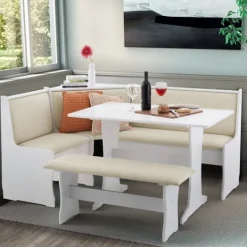 Kirkland's Home White And Beige Upholstered 3-Pc Dining Nook Set- Dining Sets