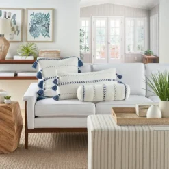 Kirkland's Home White And Blue Braided Stripe Lumbar Pillow- Pillows