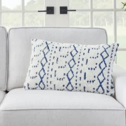 Kirkland's Home White And Blue Tufted Geo Lumbar Pillow- Pillows
