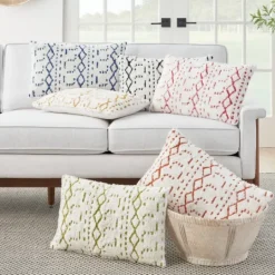 Kirkland's Home White And Blue Tufted Geo Lumbar Pillow- Pillows