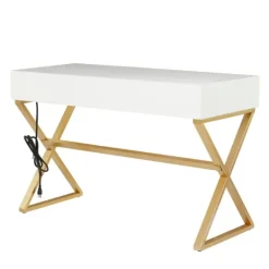 Kirkland's Home White And Gold Metal Desk With Outlets- Office Furniture