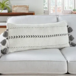 Kirkland's Home White And Gray Braided Stripe Lumbar Pillow- Pillows