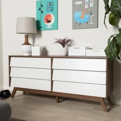 Kirkland's Home White And Walnut Mid-Century 6-Drawer Dresser- Dressers & Chests