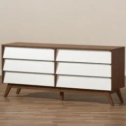 Kirkland's Home White And Walnut Mid-Century 6-Drawer Dresser- Dressers & Chests