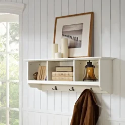 Kirkland's Home White Brenna Storage Shelf With Hooks- Wall Storage