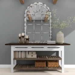 Kirkland's Home White Brown Rustic Window Iron Frame Wall Mirror- Decorative Mirrors
