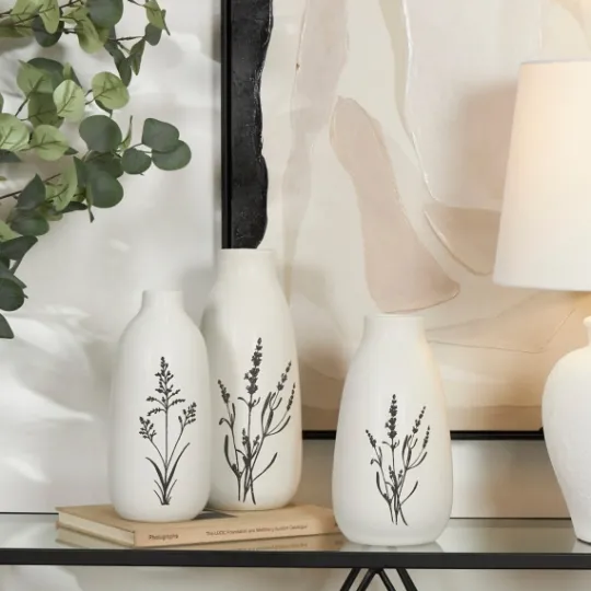 Kirkland's Home White Ceramic Botanical Print Vases, Set Of 3- Vases