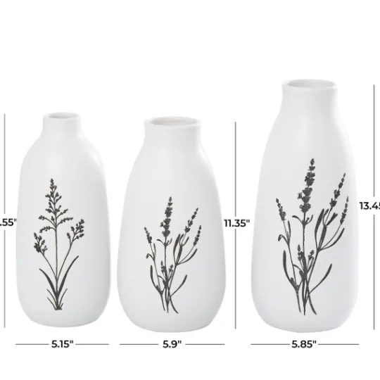 Kirkland's Home White Ceramic Botanical Print Vases, Set Of 3- Vases