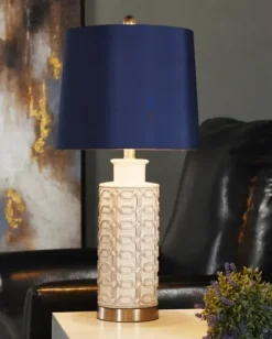 Kirkland's Home White Ceramic Geometric Table Lamp With Shade- Table Lamps