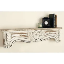 Kirkland's Home White Distressed Carved Wood Acanthus Wall Shelf- Shelves
